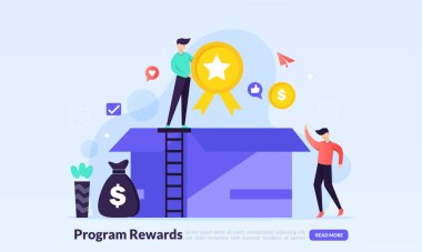Earn Point konsepti, sadakat programı ve ödüller, insanlar bir hediye kutusu alıyor, afiş, el ilanı, ui, web, mobil uygulama, poster için iniş sayfası şablonu