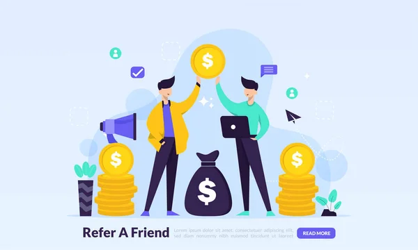 사람들은 소개에 정보를 공유하고 Refer Friend Concept Affiliate Marketing Landing — 스톡 벡터