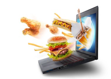 Bir laptop ekran dışarı uçan gıda