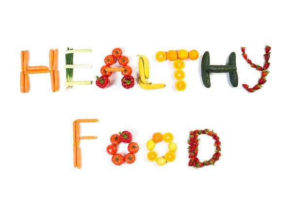 Texto Alimentos Saludables Base Frutas Verduras Aisladas Sobre Fondo Blanco —  Fotos de Stock