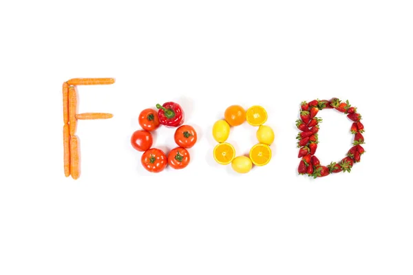 Texto Alimentos Hechos Frutas Verduras Aisladas Sobre Fondo Blanco —  Fotos de Stock