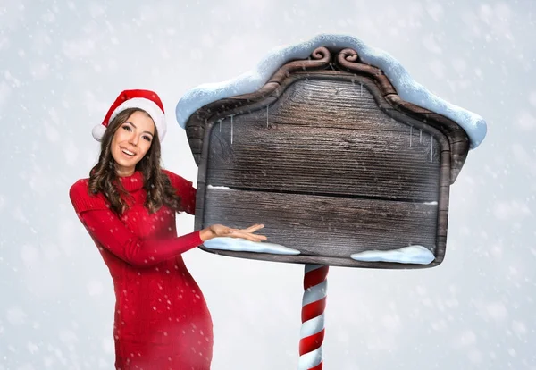 Beautiful woman with a wooden Christmas sign