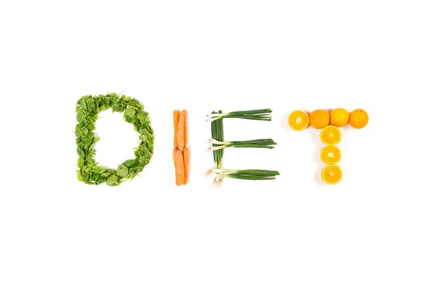 Gesundes Essen Text Aus Obst Und Gemüse Isoliert Auf Weißem — Stockfoto