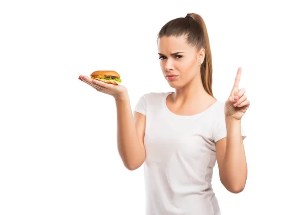 Bir Çizburger Holding Yok Için Sağlıksız Lokanta Söyleyerek Güzel Kadın — Stok fotoğraf