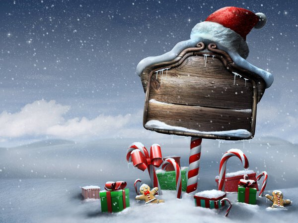 Рождественская вывеска с шапкой на улице
