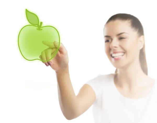 Schöne Frau Zeigt Auf Einen Apfel Gesundes Ernährungskonzept — Stockfoto