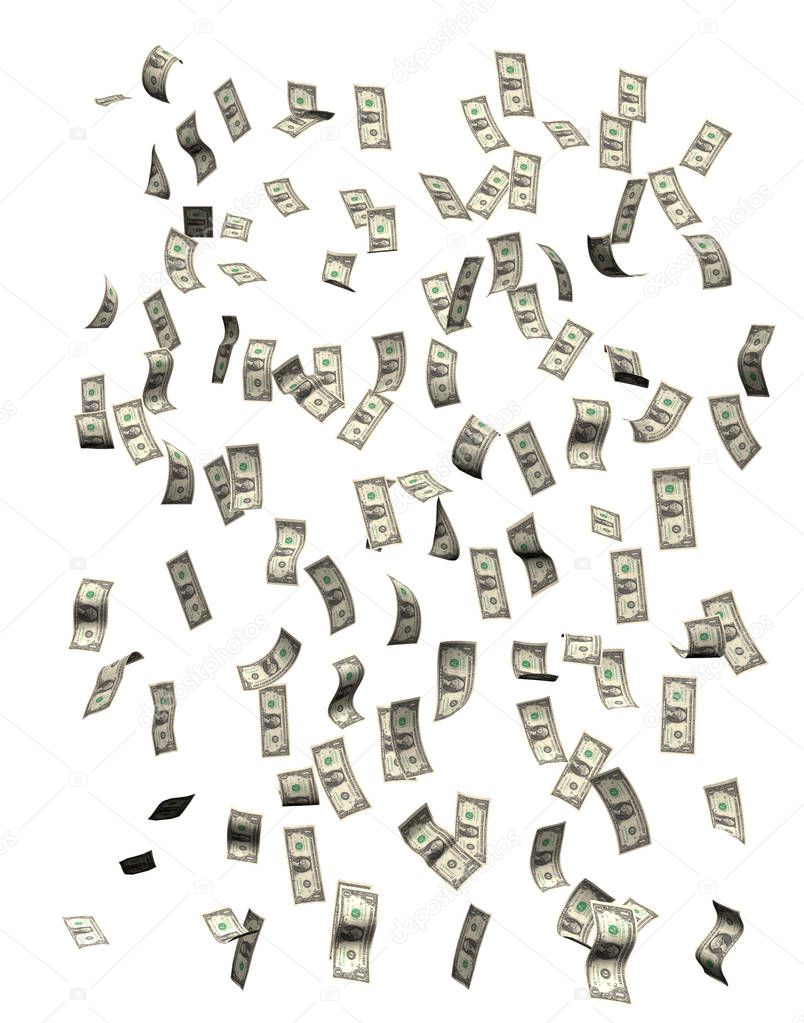 Dollars falling, isolated on white background