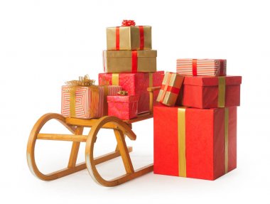 Beyaz arka plan üzerinde kızak Noel ile sunar
