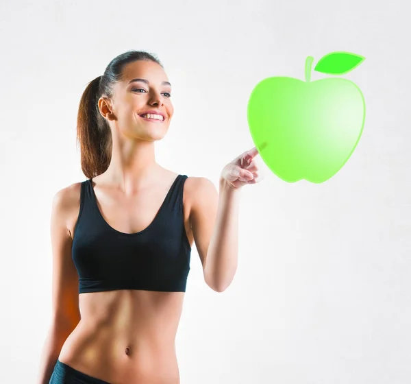 Beautiful Fit Woman Pressing Green Apple Symbol — Stock Photo, Image