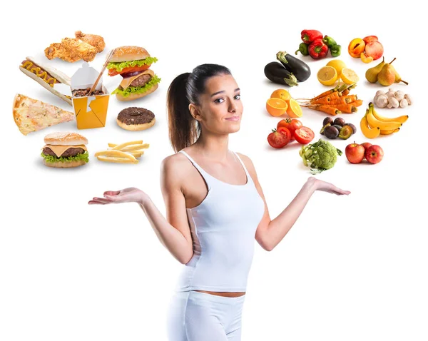 Unhealthy Healthy Food Woman Making Choice — Stock Photo, Image