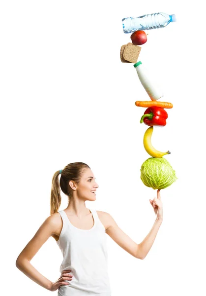 Beautiful Young Woman Holding Balanced Diet Food Health Concept Isolated — Stock Photo, Image