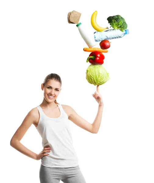 Mulher Bonita Segurando Uma Dieta Equilibrada Comida Conceito Saúde Isolado — Fotografia de Stock