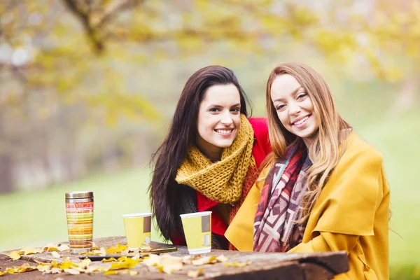 Two Beautiful Young Women Talking Enjoying Drinks Sunny Autumn Day — Stock Photo, Image