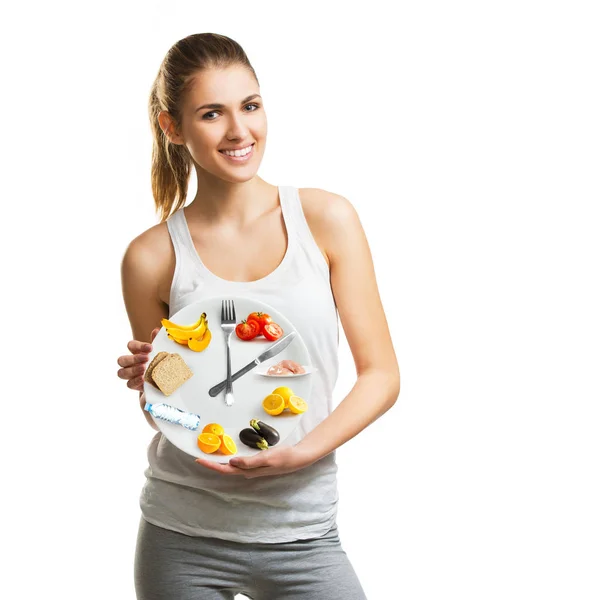 Hermosa Mujer Joven Sosteniendo Plato Con Comida Dieta Concepto Tiempo —  Fotos de Stock