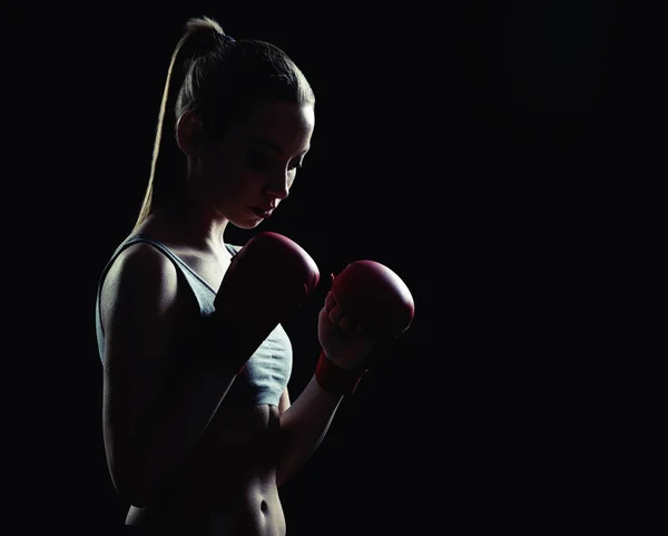 Ajuste Silueta Boxeador Mujer Joven Fondo Negro — Foto de Stock