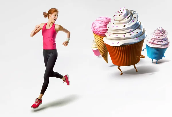 Woman Running Away Sweet Food — Stock Photo, Image