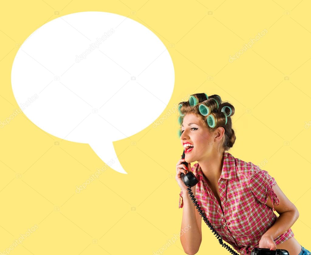 Housewife talking on the phone with speech bubble