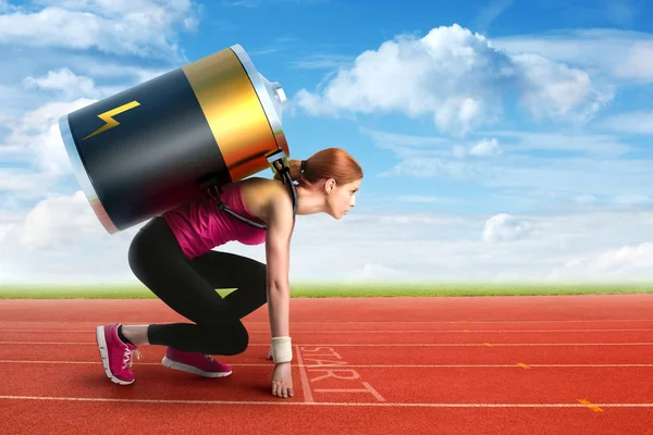 Femme Préparant Courir Avec Une Batterie Sur Dos — Photo