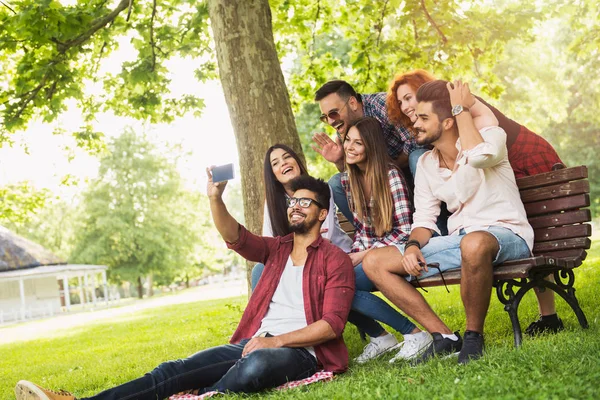 Grupo Jóvenes Tomando Una Selfie Aire Libre Divirtiéndose — Foto de Stock