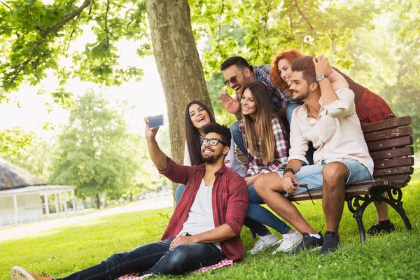 Groupe Jeunes Prenant Selfie Extérieur Amusant — Photo