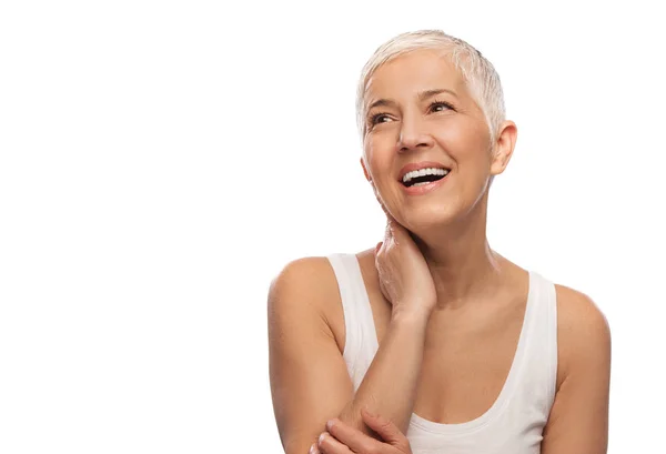 Portrait Beautiful Elderly Woman Smiling Hand Neck Isolated White Background — Stock Photo, Image