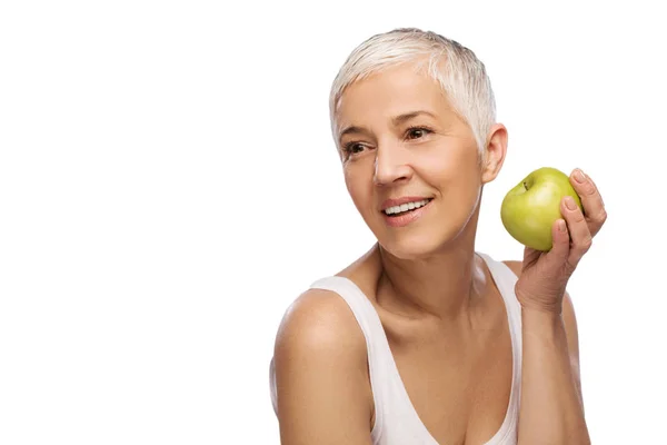 Portrait Beautiful Elderly Woman Holding Apple Smiling Isolated White Background — Stock Photo, Image