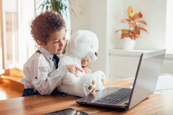 Ragazzo Carino Che Lavora Computer Portatile Che Tiene Orsacchiotto — Foto Stock