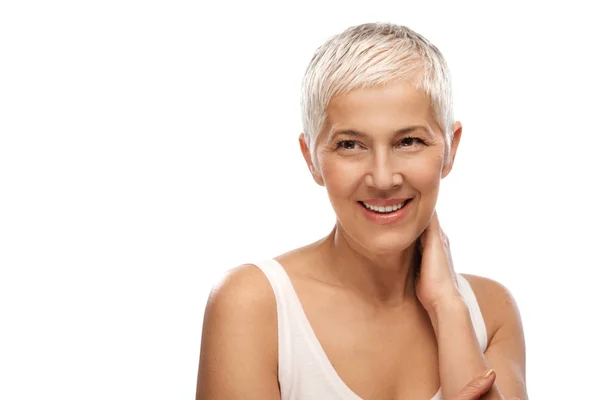 Portrait Beautiful Elderly Woman Smiling Hand Neck Isolated White Background — Stock Photo, Image