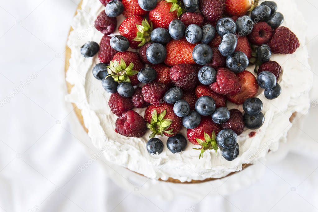 Beautiful, fruit naked cake over a white wall