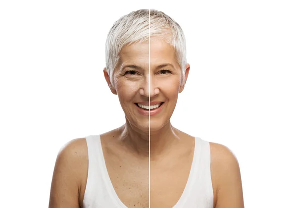 Retrato Una Hermosa Anciana Concepto Envejecimiento Aislado Sobre Fondo Blanco — Foto de Stock
