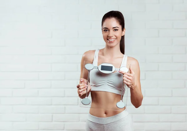 Beautiful Fit Young Woman Holding Weight Scale White Brick Wall — Stock Photo, Image