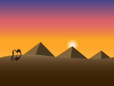 Mısır piramitlerinin arka planında deve olan adam