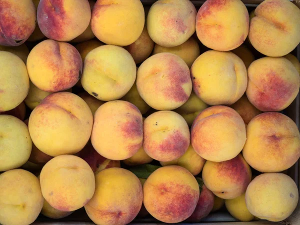 Backdrop of stacked yellow peaches