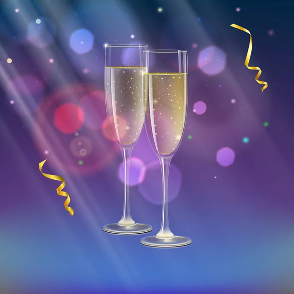 Şampanya bardağı ve flama ile arka plan üzerinde ışık ışınları — Stok Vektör