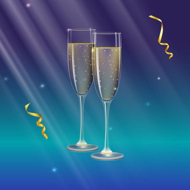 Şampanya bardağı ve flama ile arka plan üzerinde ışık ışınları