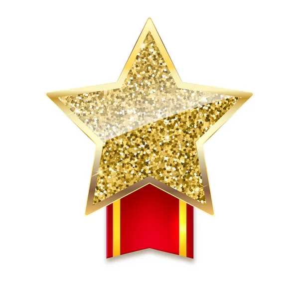 Golden star with gold sparkles and glitter on red ribbon — Stock Vector