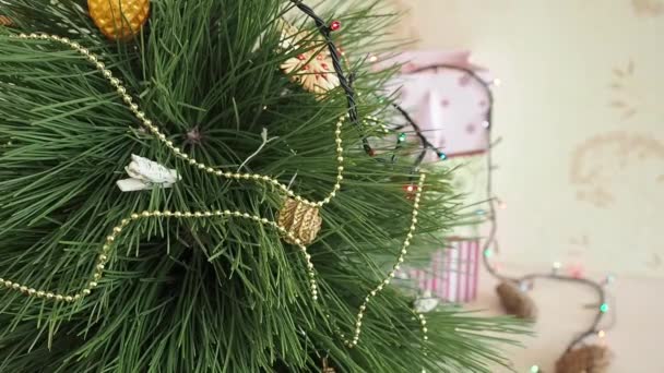 L'uomo decora un albero di Natale . — Video Stock