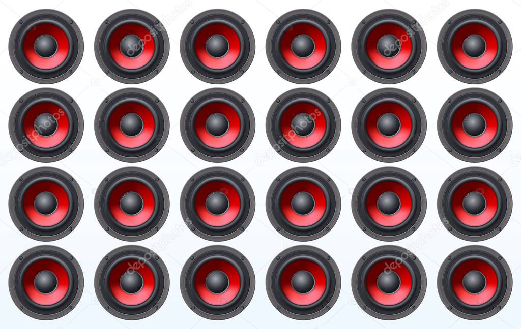 Audio speakers, subwoofers, wall of sound loudspeaker with red diffuser isolated on white background