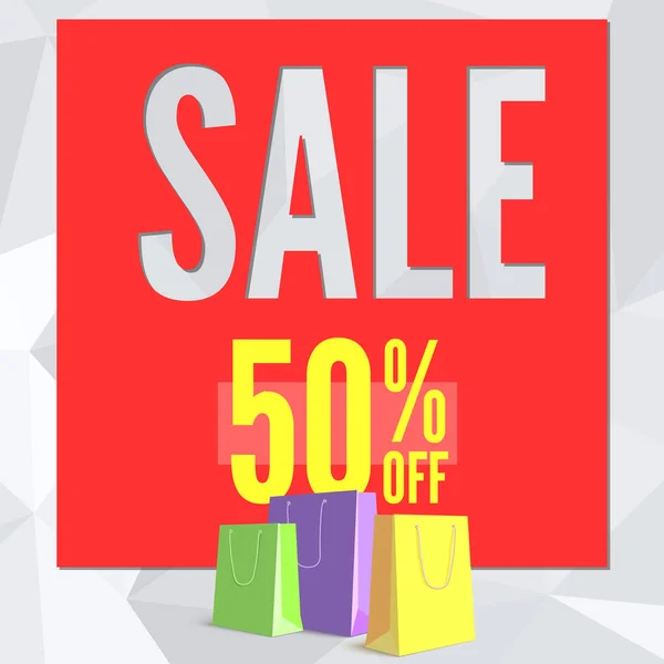 Sale banner on low poly background with paper, colored shopping bags for luxury sales offers. — Stock Vector