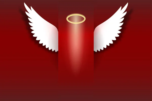 Angel wings with golden halo hovering on the red background — Stock Vector