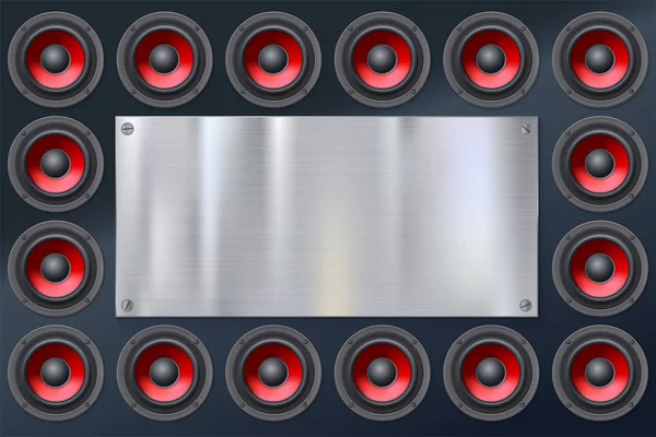 Haut-parleurs audio, subwoofers, mur de haut-parleur sonore avec diffuseur rouge isolé sur fond sombre — Image vectorielle