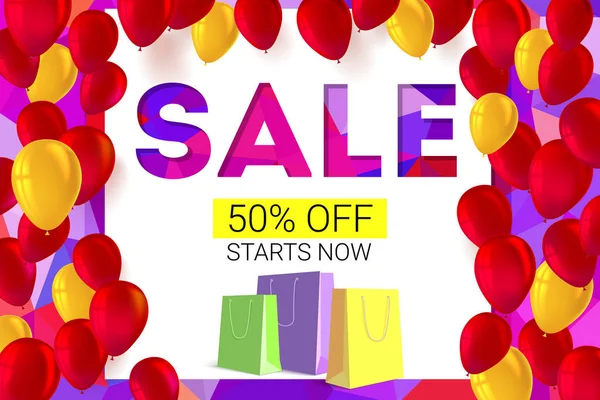 Sale banner on low poly background with inflatable balloons and paper, colored shopping bags for luxury sales offers. — Stock Vector