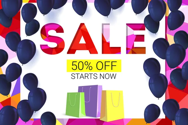 Sale banner on low poly background with inflatable balloons and paper, colored shopping bags for luxury sales offers. — Stock Vector