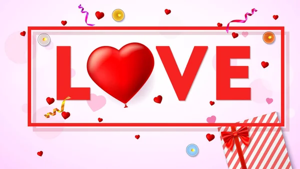 Liebeskarte mit Typografie, ein großes rotes Herz in Form eines aufblasbaren, scharlachroten Ballons. Draufsicht auf Komposition mit Geschenkbox, Kerzen, Lametta und Konfetti. — Stockvektor