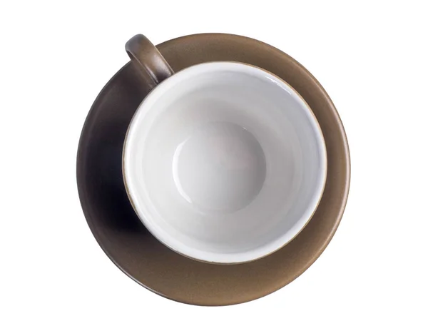 灰色的陶瓷茶杯和茶碟从顶部孤立在白色背景上拍摄。干净的空杯子顶视图 — 图库照片