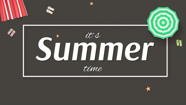 Latar belakang musim panas, spanduk dengan payung matahari, Mat pantai, bintang laut dan pantai Slippers, sandal jepit - Stok Vektor