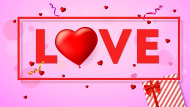 Aşk kartı tipografi, şişme, kırmızı bir balon şeklinde büyük kırmızı bir kalp ile. Hediye kutusu, tinsel ve konfeti ile kompozisyon üzerinde Üstten Görünüm.