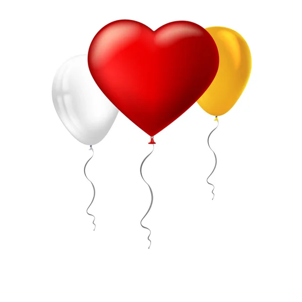 亮红色的心，可充气的气球，在磁带、 丝带与其他彩色充气气球大心的形状. — 图库矢量图片