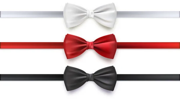 Realistic white, black and red bow tie, vector illustration, isolated on white background. — Stock Vector