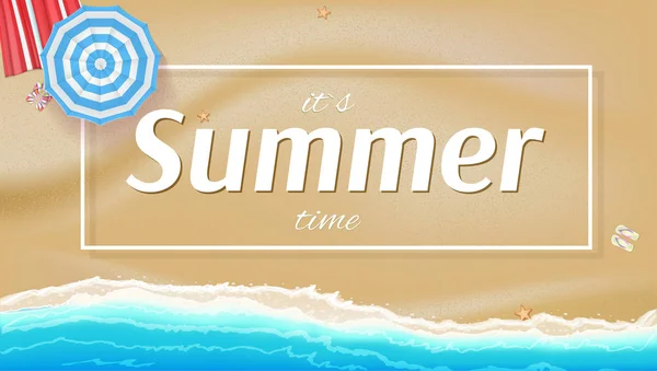 Sommerhintergrund, Banner mit Meer, Sonnenschirmen, goldenem Sand und Strandmatte. — Stockvektor
